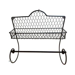 Black Metal Wire Wall-Mounted Shelf & Paper Towel Holder With Decorative Chicken